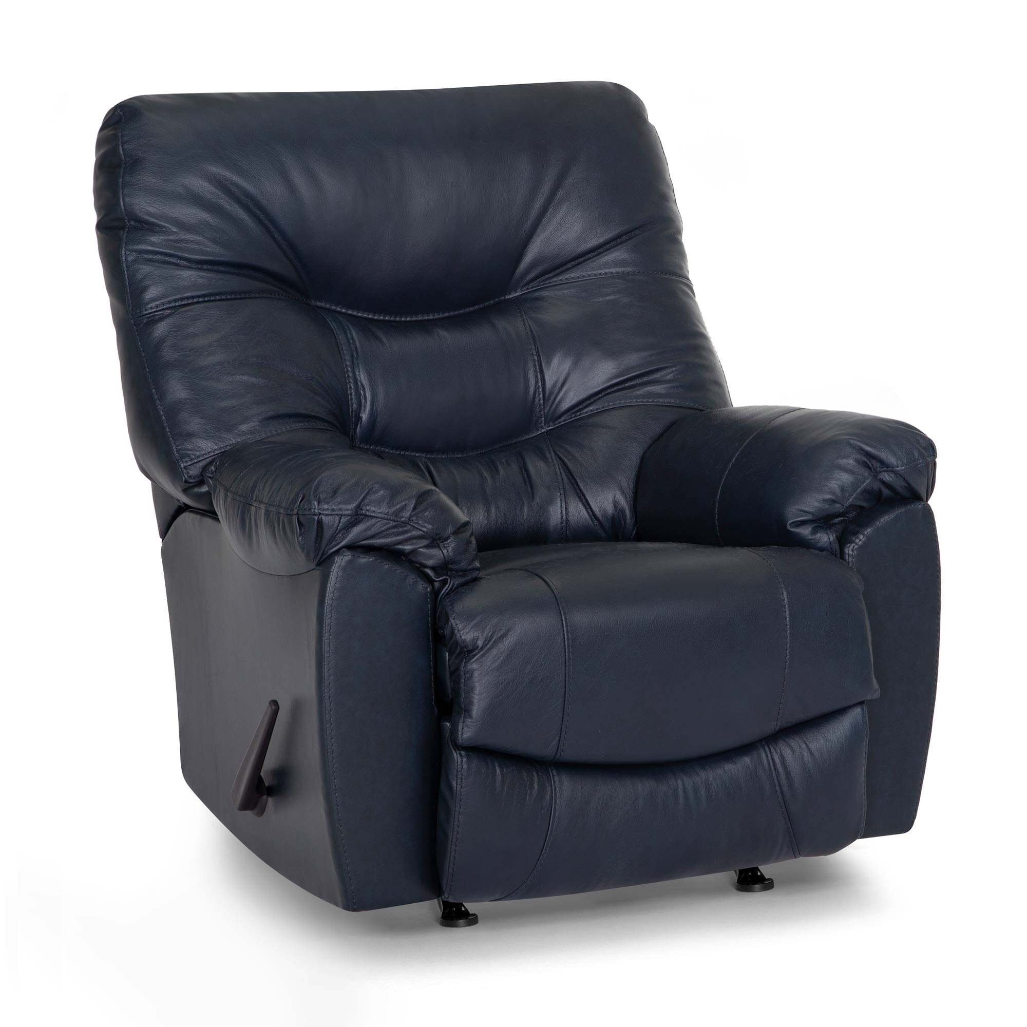 The Franklin Furniture Corp. Trilogy Frederica Navy Recliner 4595-LM98-43, upholstered in navy blue leather, offers exceptional comfort with plush gel-blended cushions as well as cushioned armrests and backrest. A lever is visible on the chair’s side, all set against a white background.