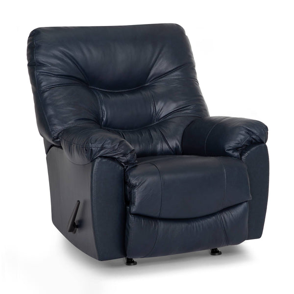 The Franklin Furniture Corp. Trilogy Frederica Navy Recliner 4595-LM98-43, upholstered in navy blue leather, offers exceptional comfort with plush gel-blended cushions as well as cushioned armrests and backrest. A lever is visible on the chair’s side, all set against a white background.