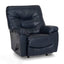 The Franklin Furniture Corp. Trilogy Frederica Navy Recliner 4595-LM98-43, upholstered in navy blue leather, offers exceptional comfort with plush gel-blended cushions as well as cushioned armrests and backrest. A lever is visible on the chair’s side, all set against a white background.