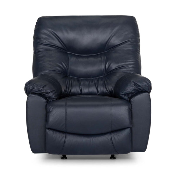 The Trilogy Frederica Navy Recliner 4595-LM98-43 by Franklin Furniture Corp. is a dark blue leather recliner chair that showcases plush, gel-blended cushions on the armrests and backrest for exceptional comfort, displayed against a plain white background.