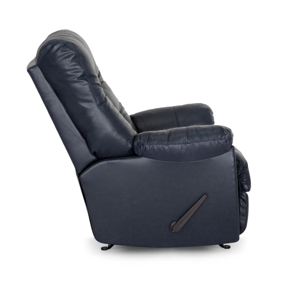 Side view of the Franklin Furniture Corp. Trilogy Frederica Navy Recliner 4595-LM98-43, a dark blue leather armchair featuring plush, gel-blended cushions and a visible recline lever on the side.