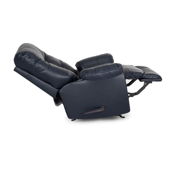 The Franklin Furniture Corp. Trilogy Frederica Navy Recliner 4595-LM98-43 is shown in a fully reclined position, with its extended footrest and tilted backrest visible from the side against a white background.