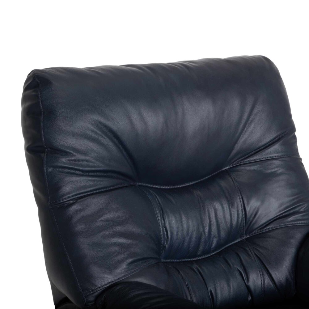 Close-up of the upper section of the Trilogy Frederica Navy Recliner 4595-LM98-43 by Franklin Furniture Corp., showcasing soft, plush gel-blended cushions with visible stitching details against a white background.