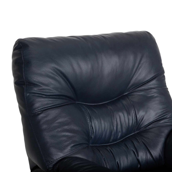 Close-up of the upper section of the Trilogy Frederica Navy Recliner 4595-LM98-43 by Franklin Furniture Corp., showcasing soft, plush gel-blended cushions with visible stitching details against a white background.