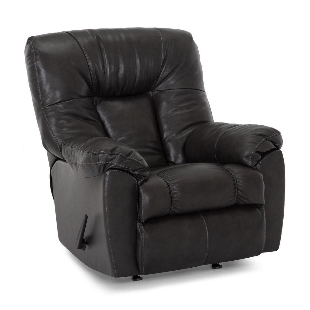A Connery Blaze Slate Recliner (model 4703-LM99-03) by Franklin Furniture Corp., featuring plush gel-blended foam cushioning, black leather upholstery, and a side lever, is positioned on a white background.