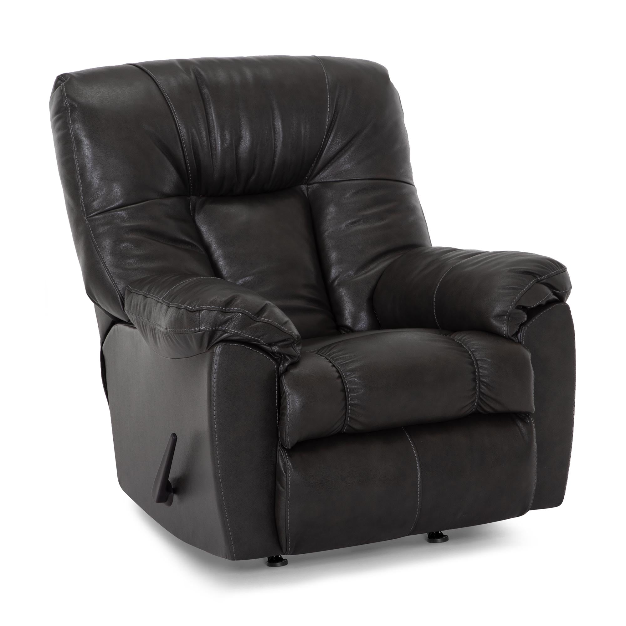 A Connery Blaze Slate Recliner (model 4703-LM99-03) by Franklin Furniture Corp., featuring plush gel-blended foam cushioning, black leather upholstery, and a side lever, is positioned on a white background.