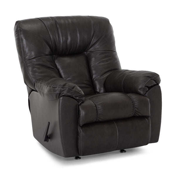 A Connery Blaze Slate Recliner (model 4703-LM99-03) by Franklin Furniture Corp., featuring plush gel-blended foam cushioning, black leather upholstery, and a side lever, is positioned on a white background.