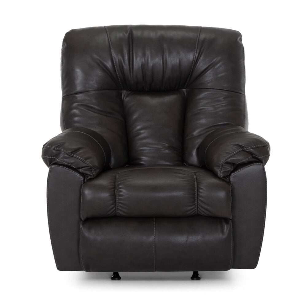 A front view of the Connery Blaze Slate Recliner 4703-LM99-03 by Franklin Furniture Corp., featuring dark brown leather upholstery, plush gel-blended foam cushioning, and wide armrests, set against a white background.