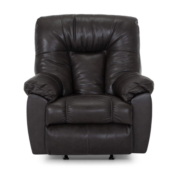 A front view of the Connery Blaze Slate Recliner 4703-LM99-03 by Franklin Furniture Corp., featuring dark brown leather upholstery, plush gel-blended foam cushioning, and wide armrests, set against a white background.