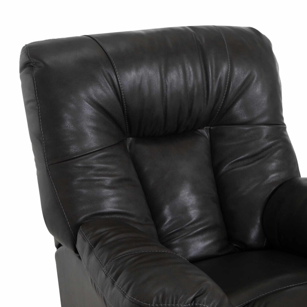 Close-up of the upper section of the Connery Blaze Slate Recliner 4703-LM99-03 by Franklin Furniture Corp., featuring padded cushions on the backrest and armrests with gel-blended foam cushion support, all set against a plain white background.
