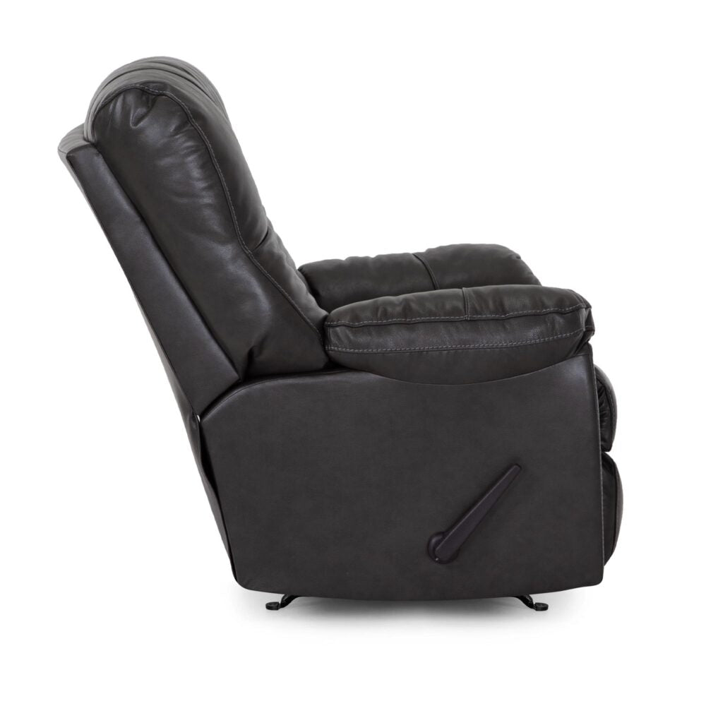 A side view of the Connery Blaze Slate Recliner 4703-LM99-03 by Franklin Furniture Corp., upholstered in dark brown leather, featuring cushioned armrests, a gel-blended foam cushion, and a manual lever for reclining.