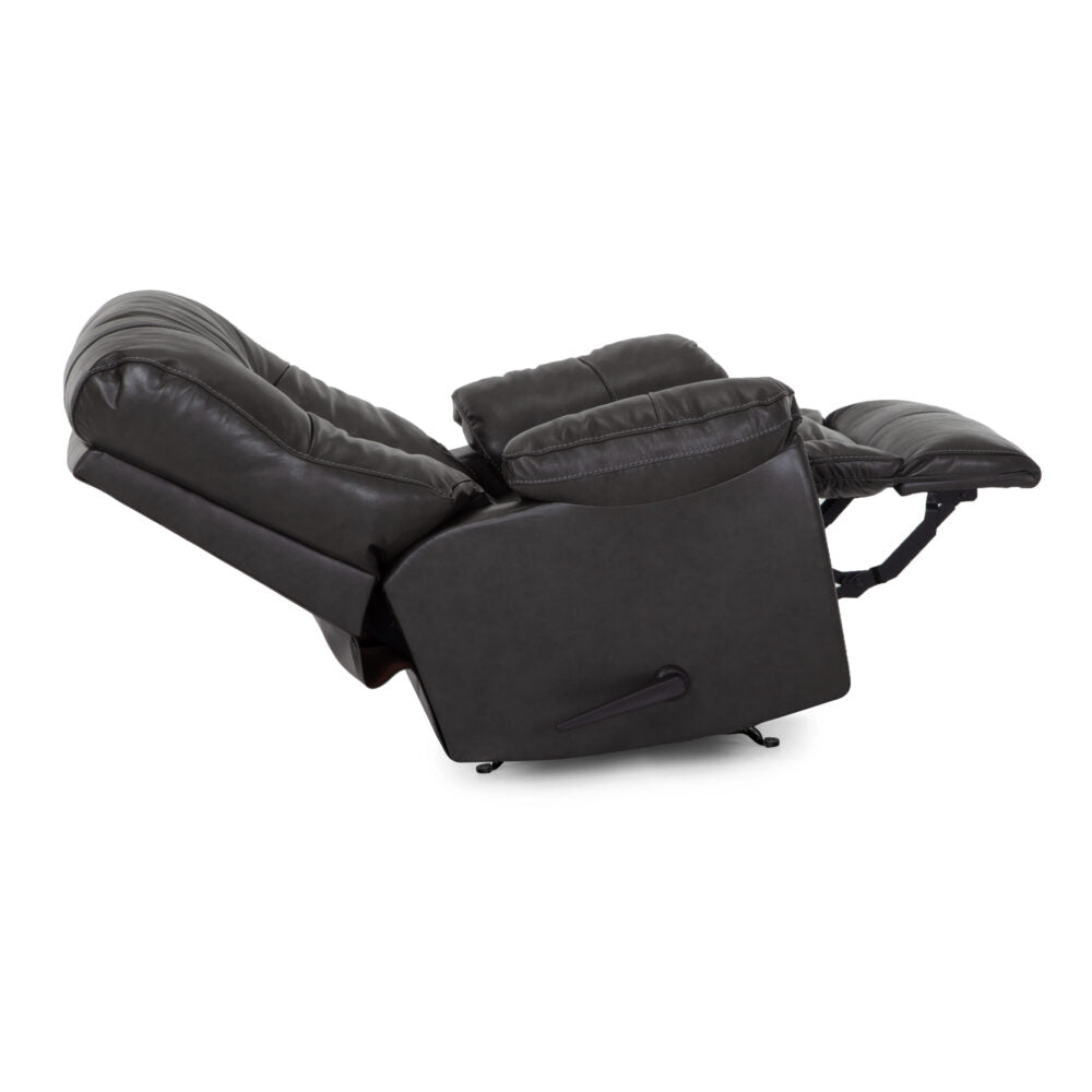 The Connery Blaze Slate Recliner (4703-LM99-03) by Franklin Furniture Corp. is shown in a fully reclined position from a side view, highlighting its extended footrest and angled backrest. This rocker recliner features supportive gel-blended foam cushions for enhanced comfort.