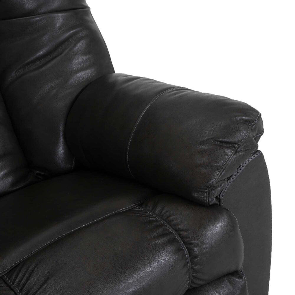Close-up of the armrest and seat of the Franklin Furniture Corp. Connery Blaze Slate Recliner 4703-LM99-03, featuring smooth black leather upholstery with gel-blended foam cushioning for enhanced comfort and visible stitching details.
