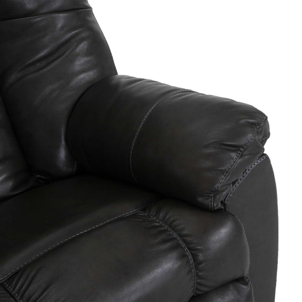 Close-up of the armrest and seat of the Franklin Furniture Corp. Connery Blaze Slate Recliner 4703-LM99-03, featuring smooth black leather upholstery with gel-blended foam cushioning for enhanced comfort and visible stitching details.