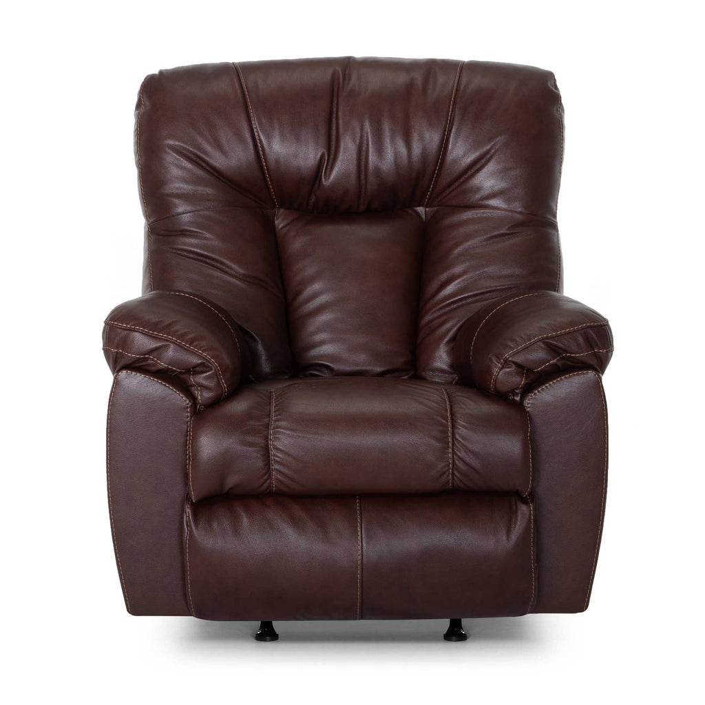 Experience the Connery Blaze Bourbon Recliner 4703-LM99-14 by Franklin Furniture Corp.—a plush, dark brown leather chair with gel-blended foam cushioning, padded armrests and backrest, displayed from the front against a white background.