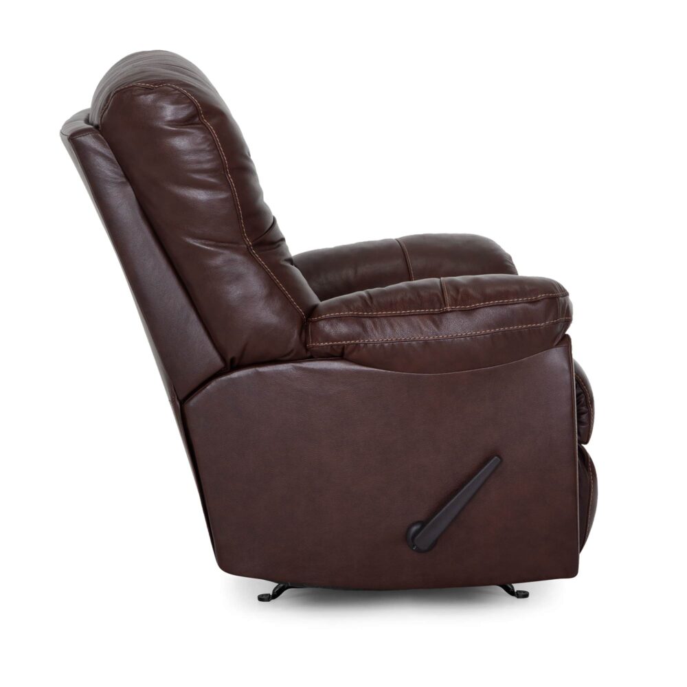The Connery Blaze Bourbon Recliner 4703-LM99-14 by Franklin Furniture Corp. is shown in profile, featuring plush gel-blended foam cushions and a side reclining lever. This brown leather rocker chair seamlessly combines comfort and style, making it perfect for relaxing in any living space.