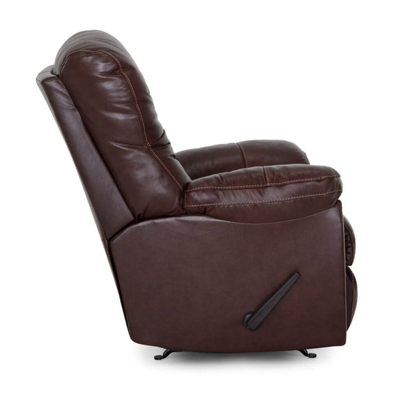 The Connery Blaze Bourbon Recliner 4703-LM99-14 by Franklin Furniture Corp. is shown in profile, featuring plush gel-blended foam cushions and a side reclining lever. This brown leather rocker chair seamlessly combines comfort and style, making it perfect for relaxing in any living space.
