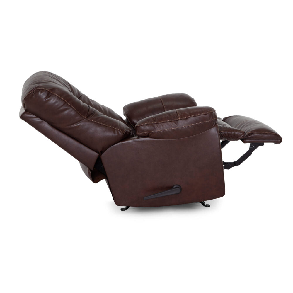 The Connery Blaze Bourbon Recliner 4703-LM99-14 by Franklin Furniture Corp. is displayed in a fully reclined position with its footrest extended and a side handle for easy adjustment. This Leather Rocker recliner features a gel-blended foam cushion, offering superior comfort and support.