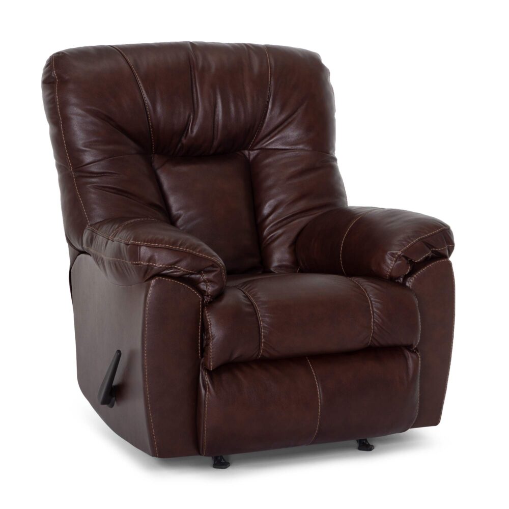 The Connery Blaze Bourbon Recliner 4703-LM99-14 by Franklin Furniture Corp. is a plush, dark brown leather rocker recliner featuring padded armrests and backrest, visible stitching, a gel-blended foam cushion for enhanced comfort, and a convenient side lever for reclining.