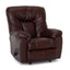 The Connery Blaze Bourbon Recliner 4703-LM99-14 by Franklin Furniture Corp. is a plush, dark brown leather rocker recliner featuring padded armrests and backrest, visible stitching, a gel-blended foam cushion for enhanced comfort, and a convenient side lever for reclining.