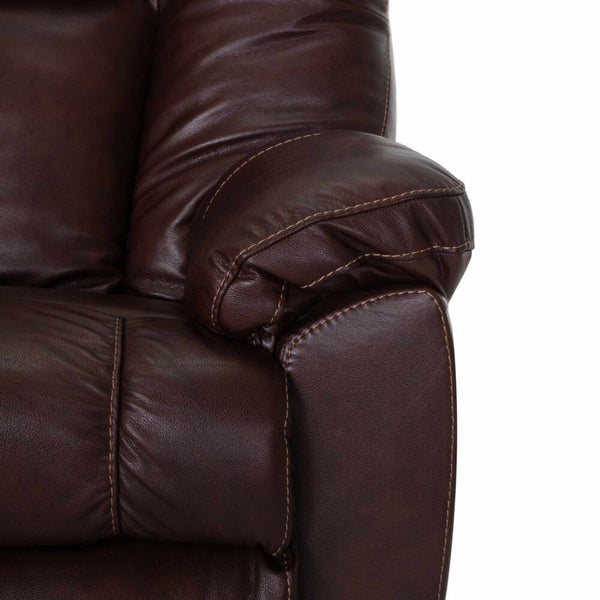 Close-up of the Connery Blaze Bourbon Recliner 4703-LM99-14 by Franklin Furniture Corp., showcasing the brown leather armrest and a section of the seat with visible stitching and plush cushioning. This detailed view highlights the gel-blended foam cushioning, offering exceptional comfort for ultimate relaxation.
