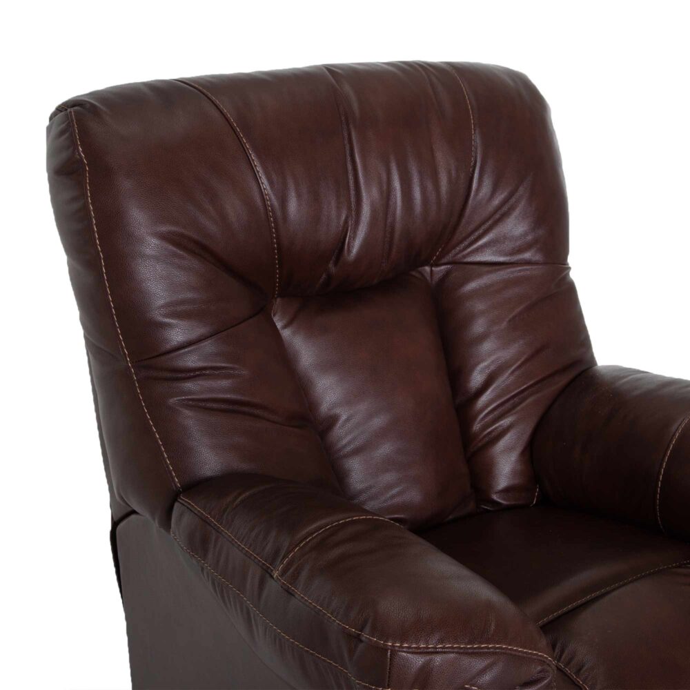 Here is a rewritten version of the sentence, incorporating your product data: Close-up of the Connery Blaze Bourbon Recliner 4703-LM99-14 by Franklin Furniture Corp., upholstered in plush dark brown leather with padded backrest and armrests, and featuring a supportive Gel-blended Foam Cushion, shown against a plain white background.