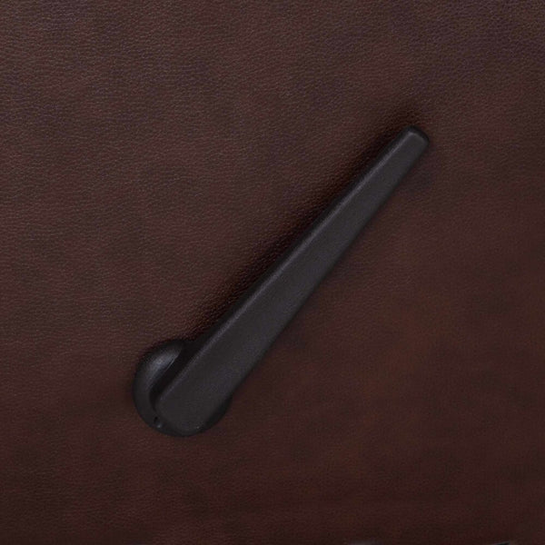 A close-up of a black manual car window crank handle on a brown door panel, featuring classic styling reminiscent of the Connery Blaze Bourbon Recliner 4703-LM99-14 by Franklin Furniture Corp., with textures that evoke the comfort of its gel-blended foam cushion.