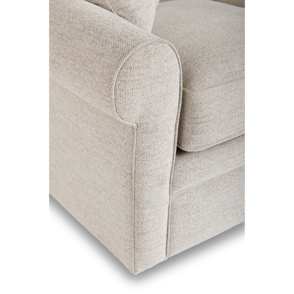 Close-up of the La-Z-Boy Collins Loveseat (494-630-D1807-64) in light beige upholstery, highlighting the rounded armrest, box seat cushions, and textured fabric detail.