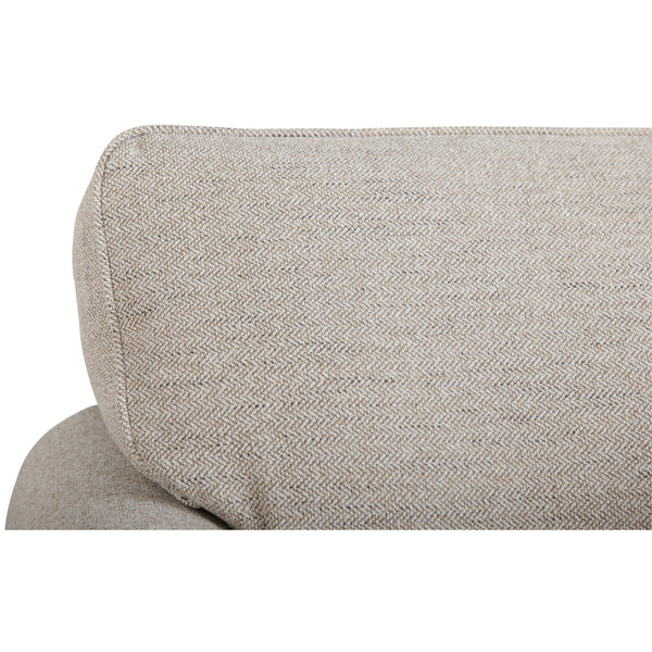 Close-up of a beige Collins Loveseat 494-630-D1807-64 by La-Z-Boy, highlighting the subtle herringbone pattern, texture, and stitching details of its box seat cushions.