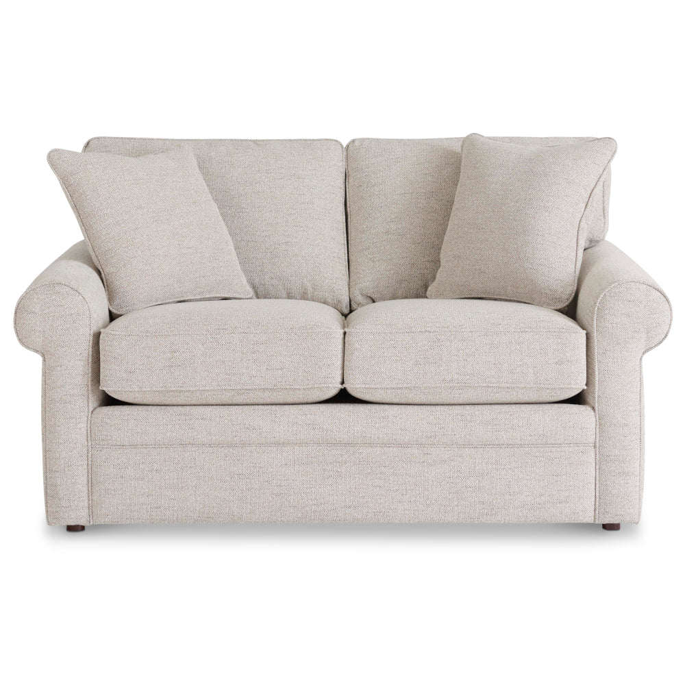 A light beige La-Z-Boy Collins Loveseat (494-630-D1807-64) with rolled arms and two box seat cushions, featuring three matching throw pillows, is shown against a white background.