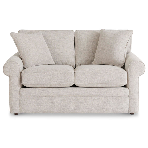 A light beige La-Z-Boy Collins Loveseat (494-630-D1807-64) with rolled arms and two box seat cushions, featuring three matching throw pillows, is shown against a white background.