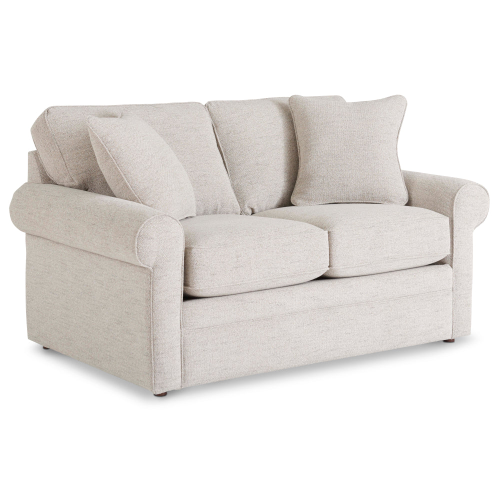 The La-Z-Boy Collins Loveseat (494-630-D1807-64) is upholstered in light beige and showcases rounded arms, box seat cushions, and two coordinating throw pillows. Set against a white background, this classic sofa boasts plush seat and back cushions for exceptional comfort.