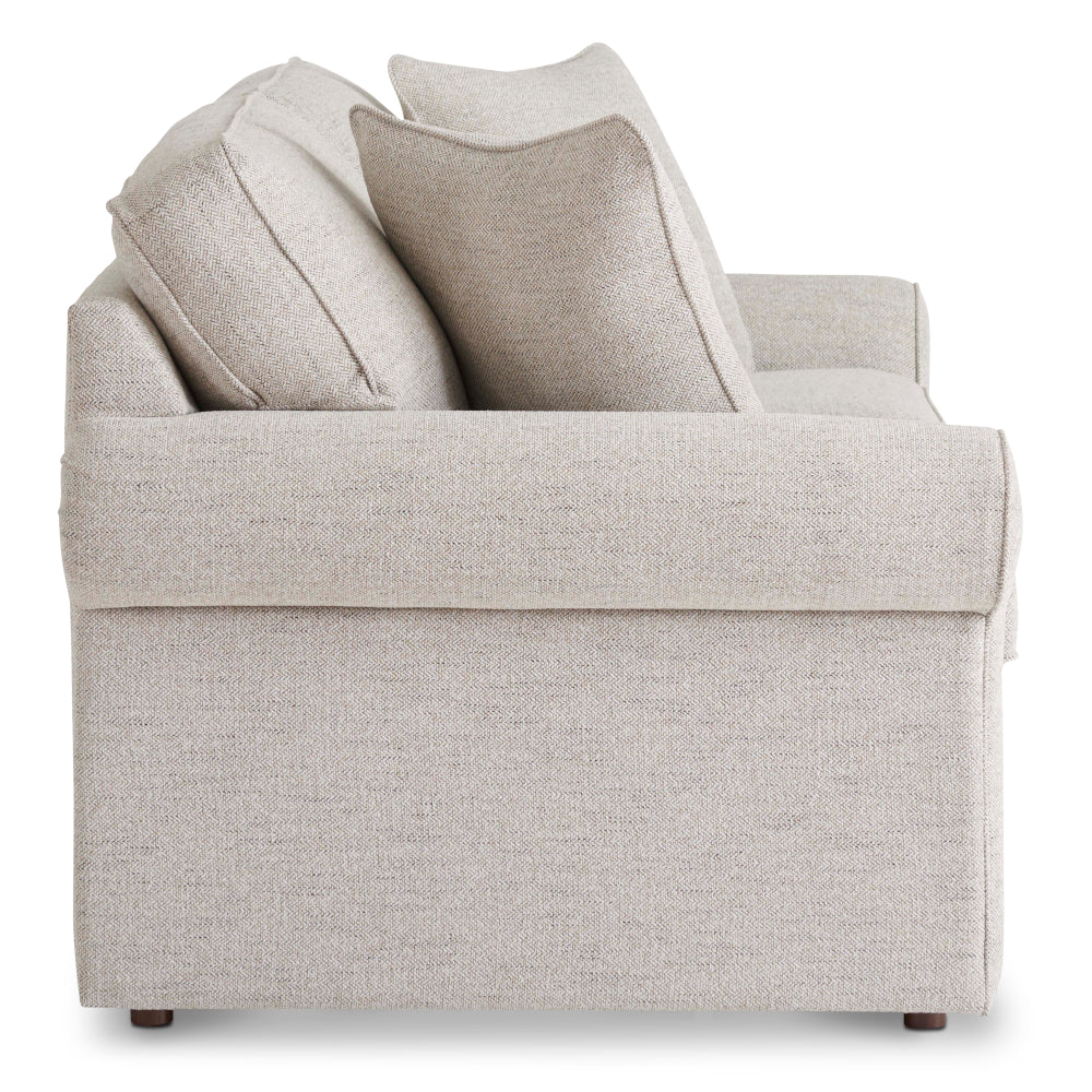 Side view of the La-Z-Boy Collins Loveseat 494-630-D1807-64 in light beige upholstery, featuring two large back cushions, box seat cushions, and square armrests, set against a plain white background.