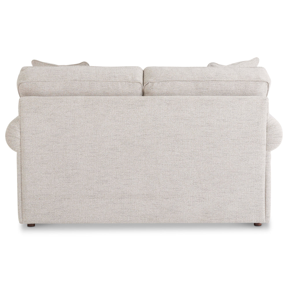 The La-Z-Boy Collins Loveseat (494-630-D1807-64) is shown from the back in a light beige upholstery, featuring two box seat cushions and a smooth, flat rear surface with gently rounded armrests on each side.