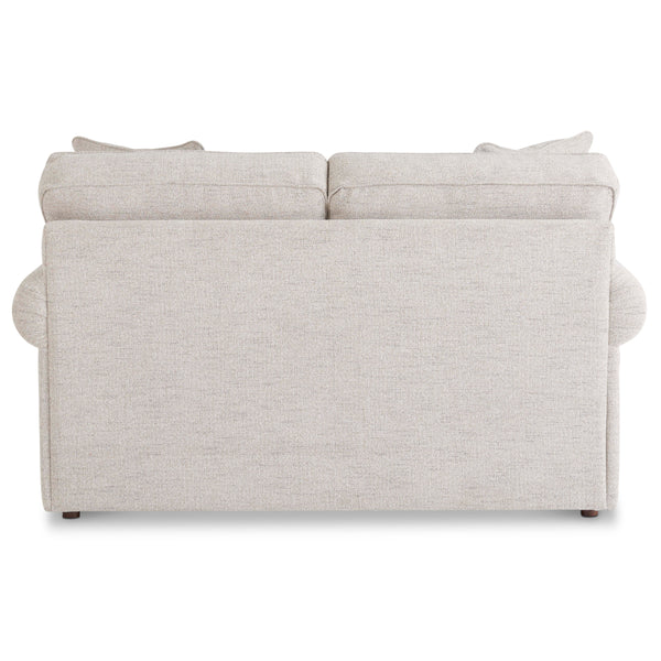 The La-Z-Boy Collins Loveseat (494-630-D1807-64) is shown from the back in a light beige upholstery, featuring two box seat cushions and a smooth, flat rear surface with gently rounded armrests on each side.