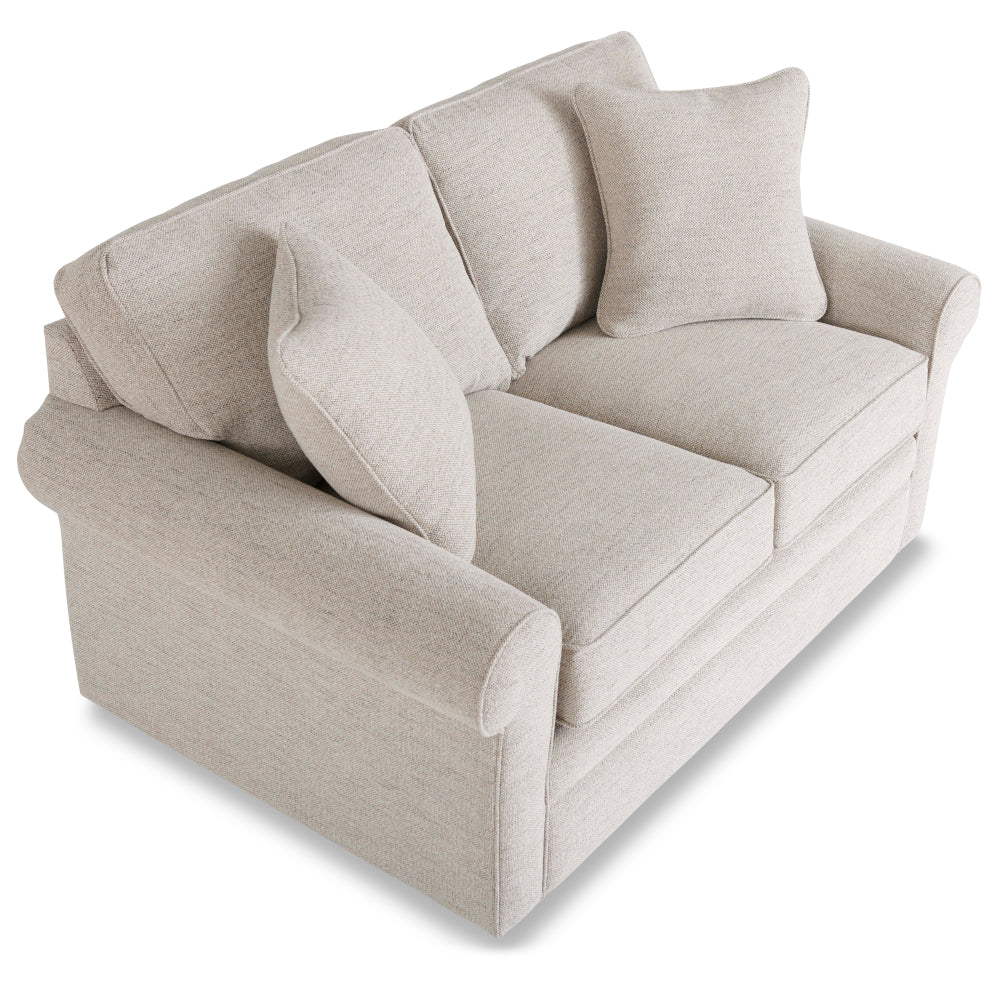The La-Z-Boy Collins Loveseat 494-630-D1807-64 is a light beige upholstered loveseat featuring classic box seat cushions, two back cushions, and two matching throw pillows, displayed on a white background.