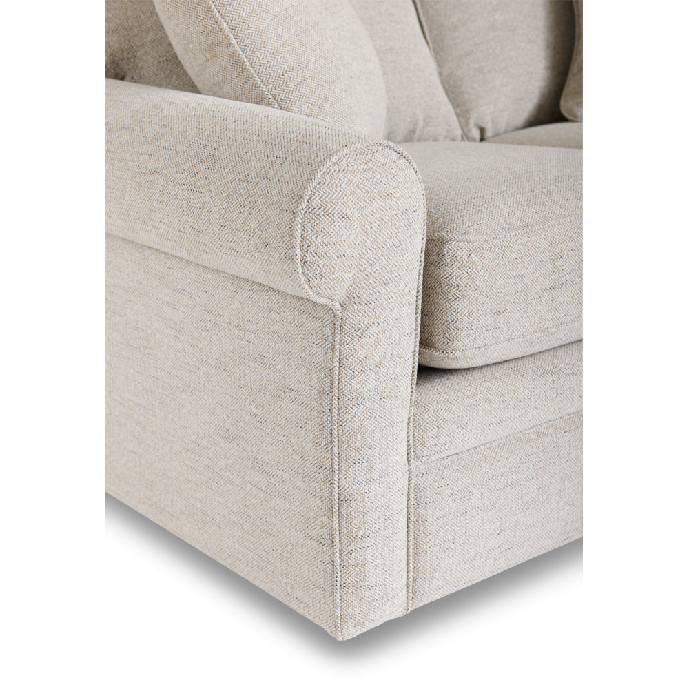 Close-up of the armrest and seat of the La-Z-Boy Collins Loveseat (494-630-D1807-64) in light beige textured fabric, highlighting its rounded arm design and plush box seat cushions.