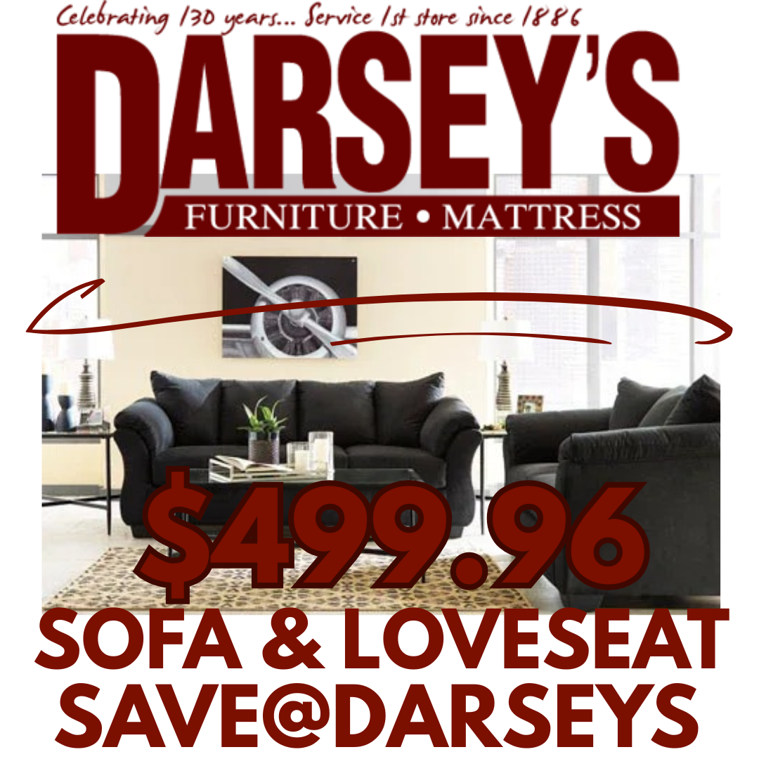 Advertisement for Darsey's Furniture and Mattress with a sofa and love seat offer.