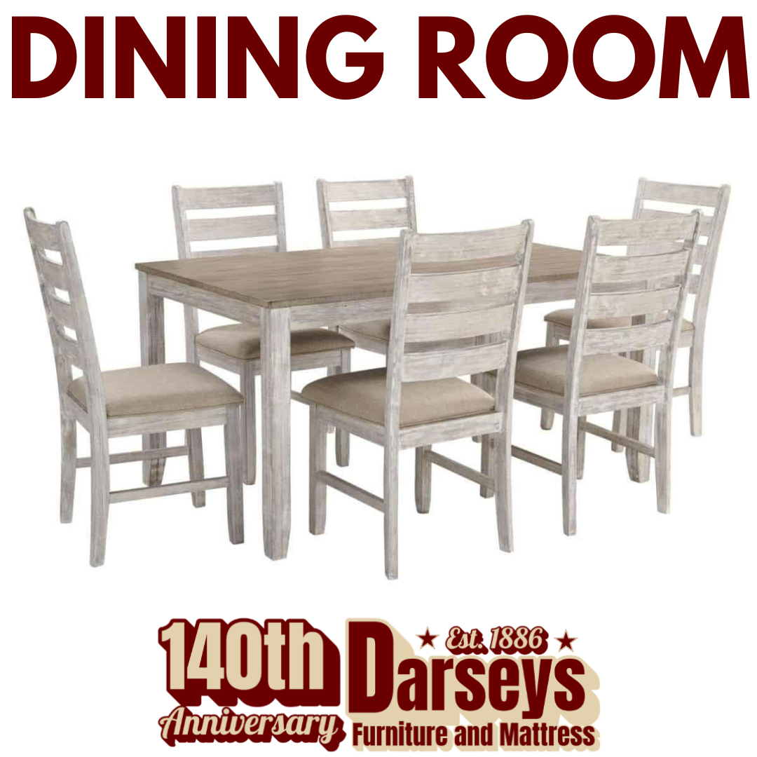 Dining room set with table and chairs on a white background, featuring Darseys furniture brand.