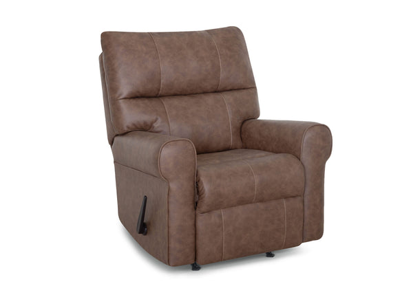 Introducing the Langston Duvall Vintage Brown Recliner 5525-3429-16 by Franklin Furniture Corp. This classic chair from the Langston Collection features plush cushions, visible stitching, rolled arms, and a convenient manual side lever. Designed with the innovative WOW Seating System for superior comfort, it is presented against a plain white background.