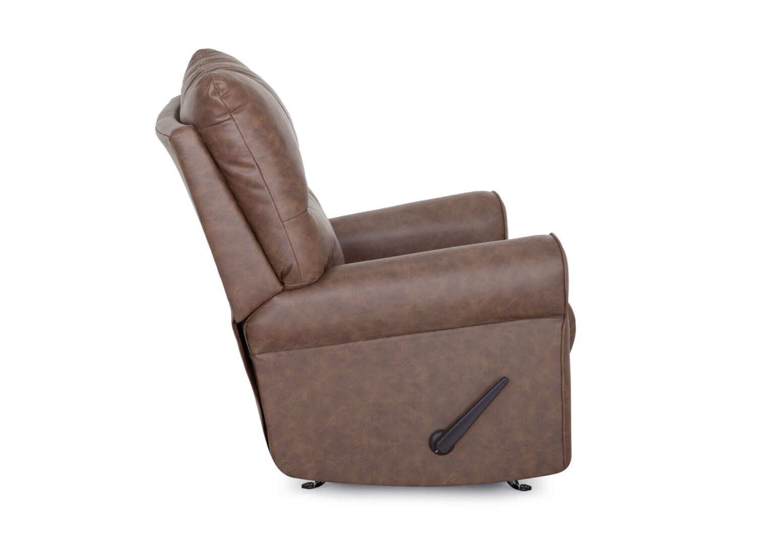 Here’s the revised sentence using your product data: Side view of the Langston Duvall Vintage Brown Recliner 5525-3429-16 by Franklin Furniture Corp., showcasing its padded back and seat with the innovative WOW Seating System, and a convenient lever on the lower right side for reclining.