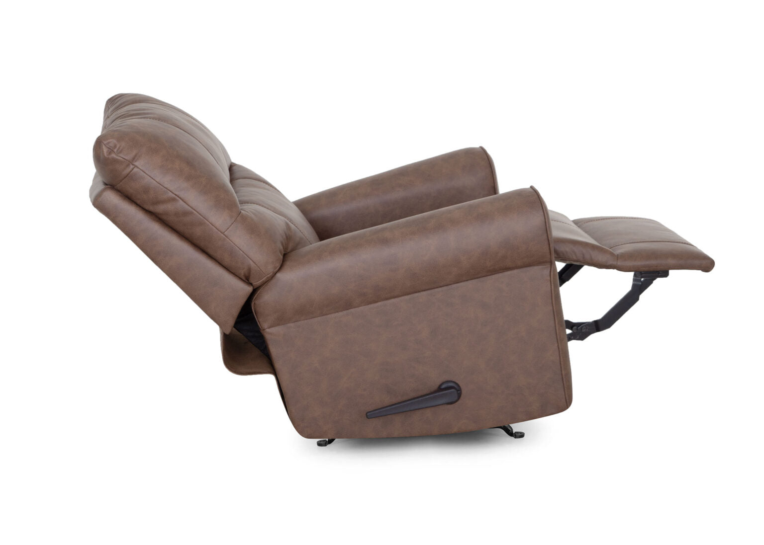 The Langston Duvall Vintage Brown Recliner 5525-3429-16 by Franklin Furniture Corp. is a leather chair from the Langston Collection, featuring an extended footrest and tilted backrest. It is shown in a reclined position against a white background.