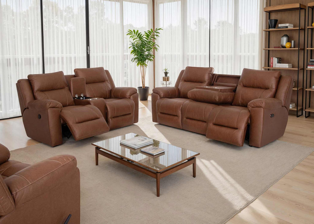 A modern living room featuring the Franklin Furniture Corp. Ransom Astrid Cedar Sofa, Loveseat, and Recliner 616-3584-12, complemented by a glass coffee table with books, a plant by large windows, and a wooden bookshelf on a light rug and wood floor. Enjoy ultimate comfort with the WOW Seating System in this stylish space.