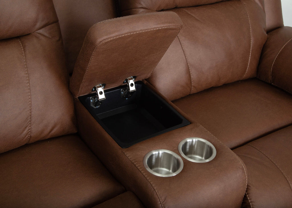 Close-up of the Ransom Astrid Cedar Reclining Loveseat (61634-3584-12) by Franklin Furniture Corp., featuring brown leather upholstery, a built-in center console with an open storage compartment, and two stainless steel cup holders. The image showcases the WOW Seating System and gel-blended foam seating for enhanced comfort.