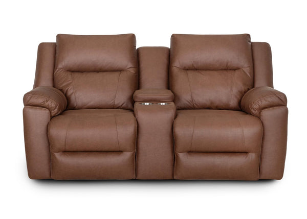The Ransom Astrid Cedar Reclining Loveseat (61634-3584-12) by Franklin Furniture Corp. features brown leather upholstery, plush gel-blended foam seating cushions, wide armrests, and a convenient center console with cup holders. Designed with the WOW Seating System, this modern loveseat comfortably seats two people.