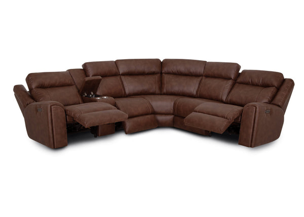 Upgrade your living space with the Franklin Furniture Corp. Phoenix Seattle Auburn Sectional 693-31-56-99-7511-18, a spacious brown leather sofa featuring reclining seats, power recline functions, and a convenient built-in cup holder console in the middle section for ultimate comfort.