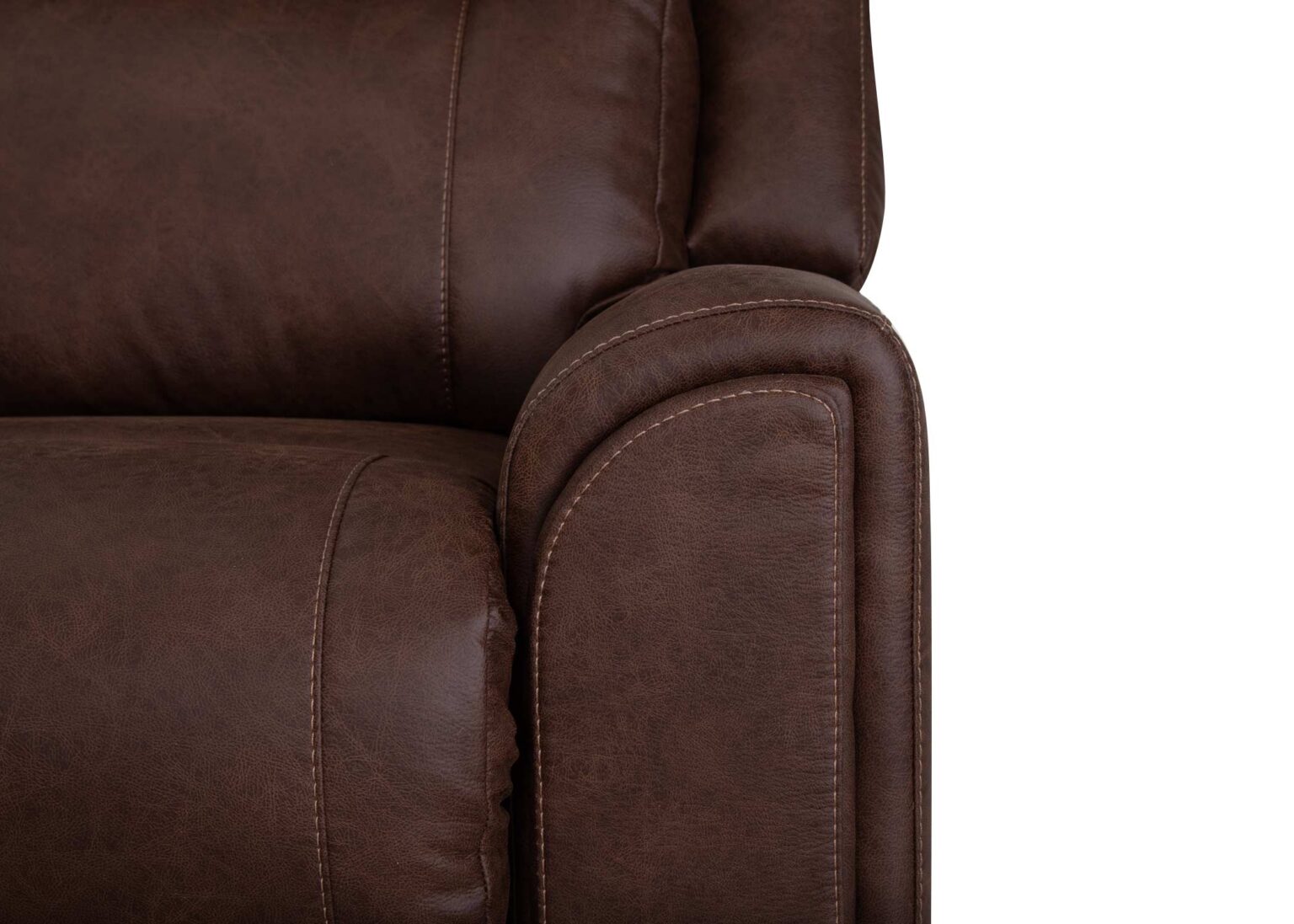 Close-up of the Phoenix Seattle Auburn Sectional 693-31-56-99-7511-18 by Franklin Furniture Corp., highlighting the dark brown leather armrest, seat, and precise stitching details against a white background. Experience outstanding comfort with WOW Seating System craftsmanship, perfect for those who value meticulous attention to detail.