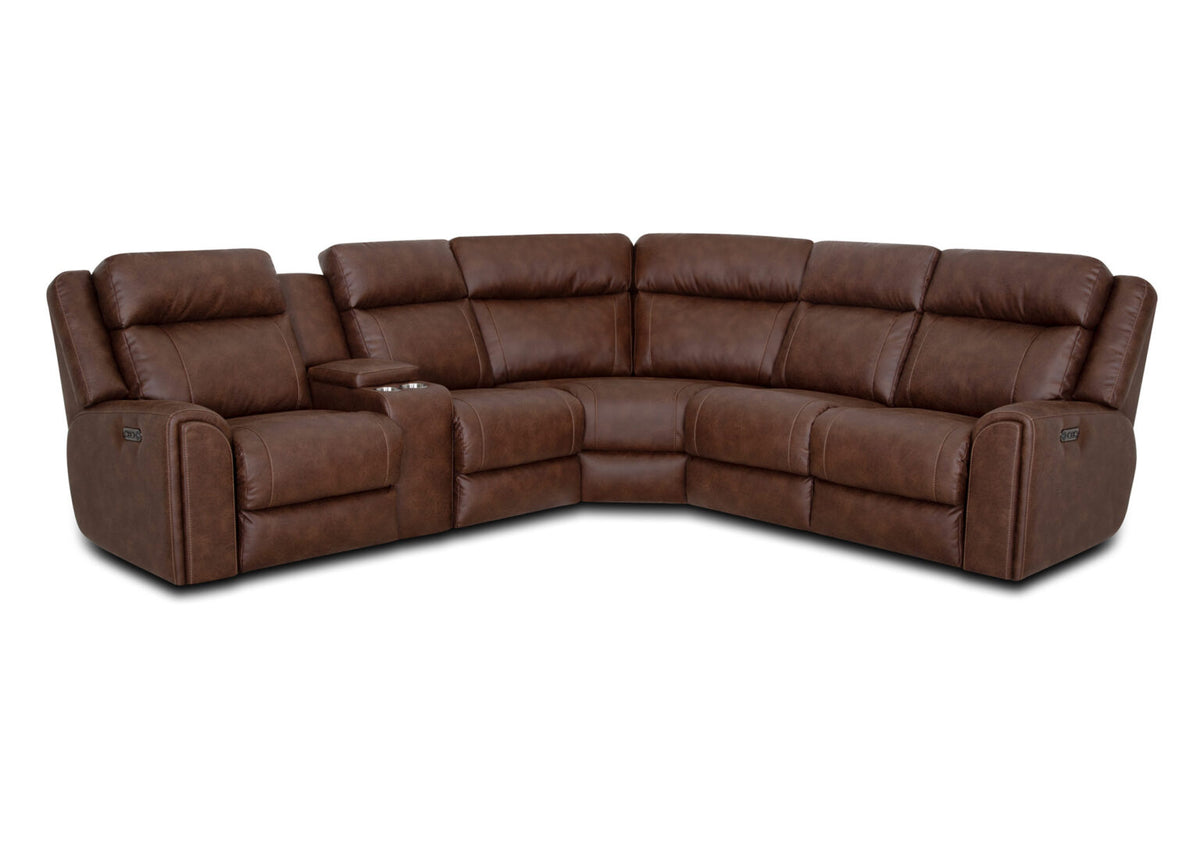 Introducing the Phoenix Seattle Auburn Sectional 693-31-56-99-7511-18 by Franklin Furniture Corp.—a luxurious brown leather sectional sofa featuring five spacious seats, including two power reclining end chairs and a built-in center console with convenient cup holders and storage. Designed for ultimate comfort and ease, this sectional showcases Franklin’s innovative WOW Seating System, all presented against a crisp white background.