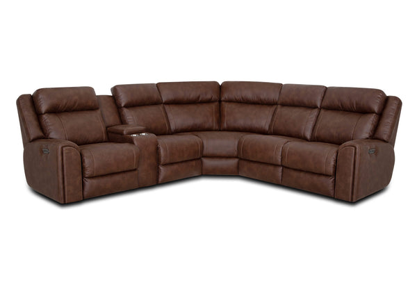 Introducing the Phoenix Seattle Auburn Sectional 693-31-56-99-7511-18 by Franklin Furniture Corp.—a luxurious brown leather sectional sofa featuring five spacious seats, including two power reclining end chairs and a built-in center console with convenient cup holders and storage. Designed for ultimate comfort and ease, this sectional showcases Franklin’s innovative WOW Seating System, all presented against a crisp white background.