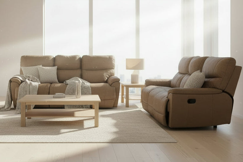 Brown sofa in a furniture store with La-Z-Boy branding.
